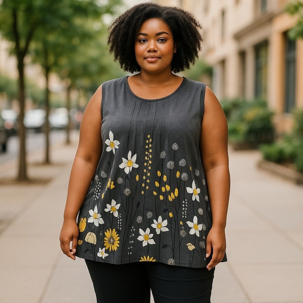 Lily by Firmiana Gray Floral Print Pleated Tank - 4XL - NEW Women's